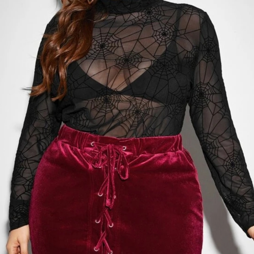 SHEIN Plus Mock-Neck Spiderweb Mesh Top